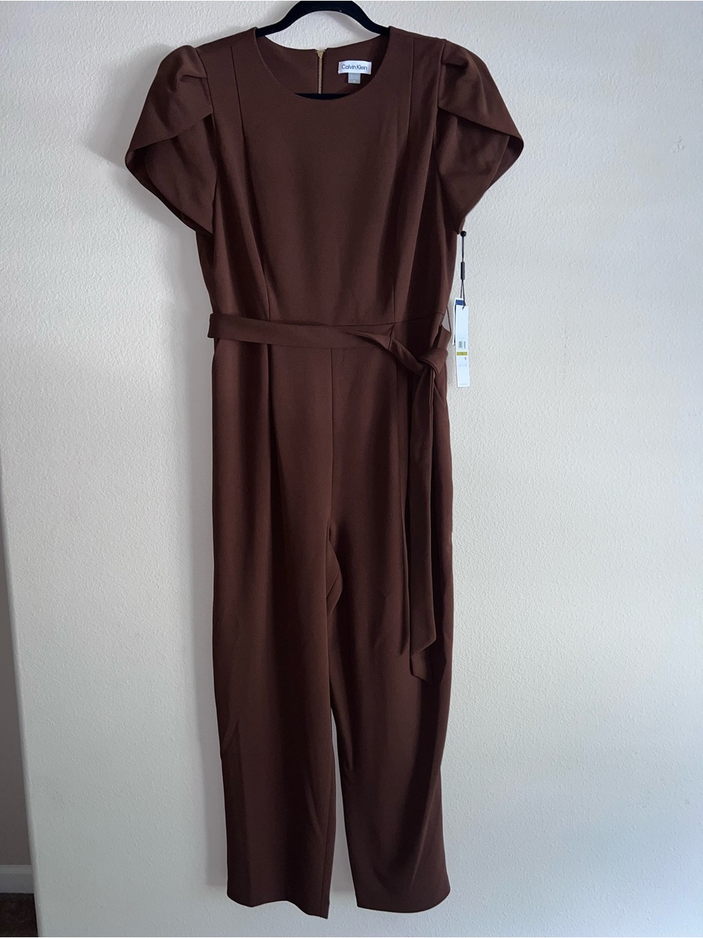 NWT Calvin Klein Brown Tie-Waist Tulip Sleeve Jumpsuit Size 14